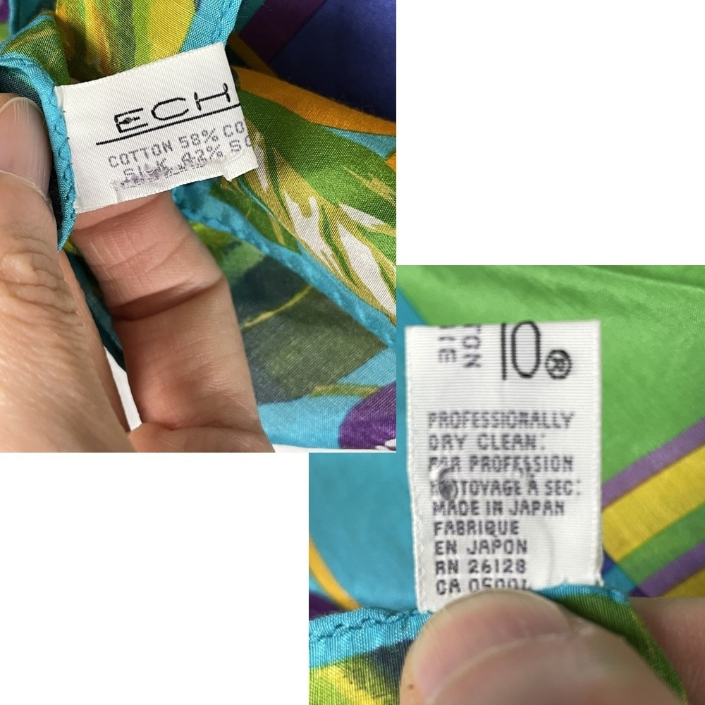 Echo Vintage Silk Blend Square Scarf Plaid Fruit Border Multicolor Made in Japan - Picture 13 of 13